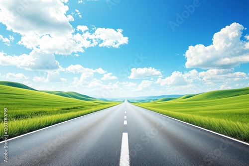 Scenic road stretching into horizon amidst lush green fields and bright blue sky with fluffy white clouds.