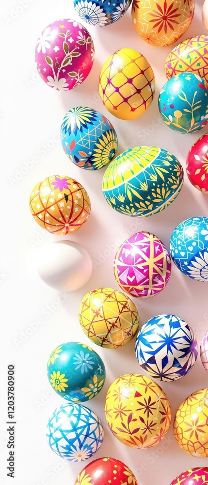 A collection of hand-painted Easter eggs in bold colors and geometric patterns against a bright white background, hand-painted eggs, geometric pattern, spring decor.