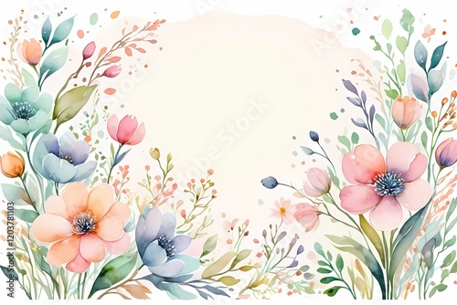 The spring flowers background in atercolor style, with dreamy pastel-hued blooms, subtle texture photo