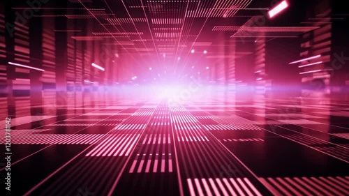Abstract futuristic, animated background with pink neon lights. IT, cyberspace, computer data transfer. Perfect for technology and cyber concepts. Virtual reality, artificial intelligence.