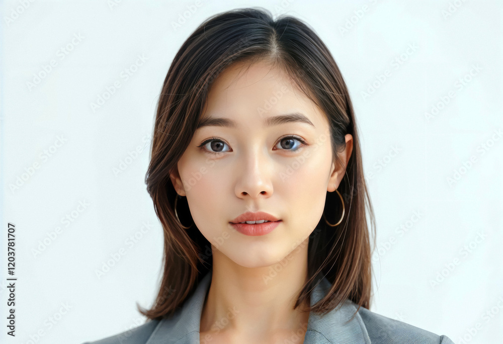 Portrait of young Asian woman with shoulder length hair wearing gray blazer against white background Portrait of young Asian woman with shoulder length hair wearing gray blazer against white background