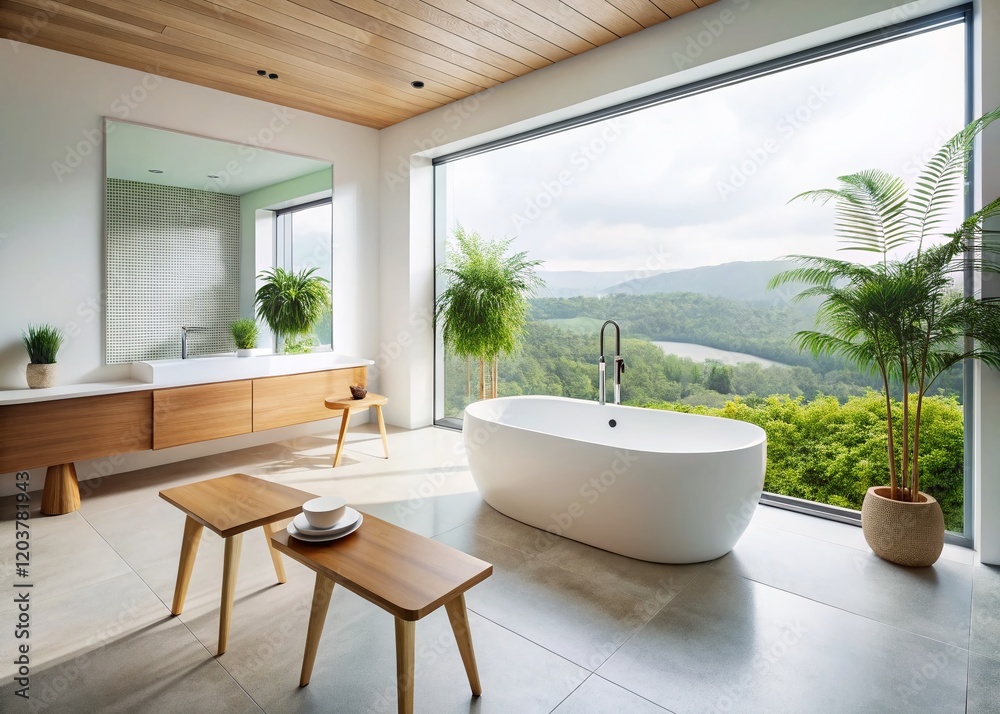 Fototapeta premium Luxurious Bathroom: Aerial View of White Freestanding Tub & Wooden Stool