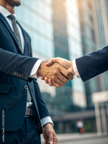 A close-up of a handshake between two professionals in formal attire, symbolizing a successful partnership
