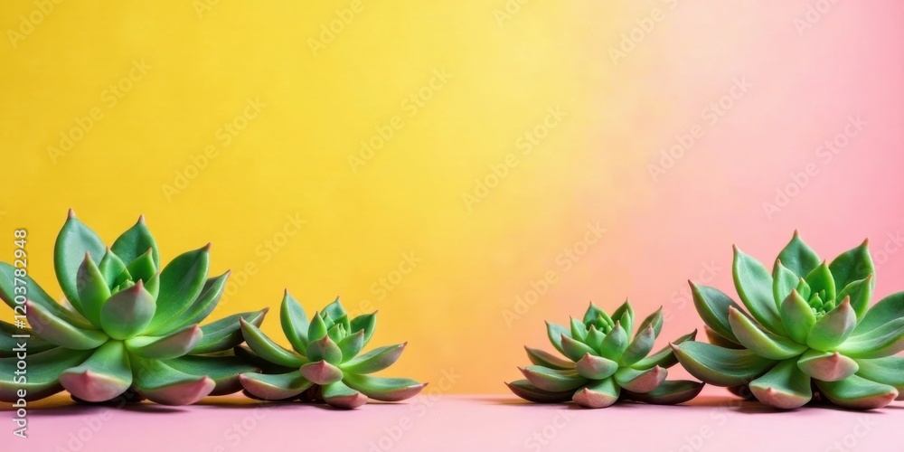 Vibrant Succulents Arranged on a Pink Surface Against a Yellow and Pink Gradient Background Vibrant Succulents Arranged on a Pink Surface Against a Yellow and Pink Gradient Background