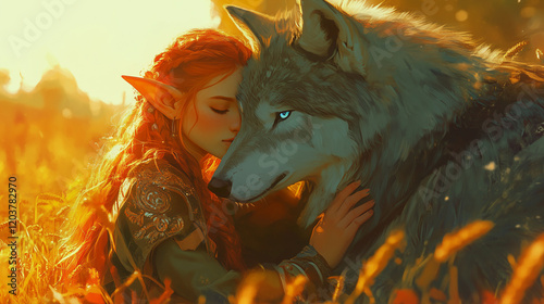 
A red-haired elf girl sits in a field next to a giant wolf. She wears elegant fantasy attire with elf ears and long hair. The art is in anime style, with vibrant natural details around her.
