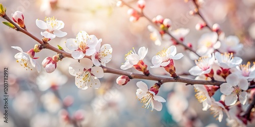 Close up of blooming apricot tree branches with vibrant blossoms and tender green leaves, softly backlit by warm golden sunlight