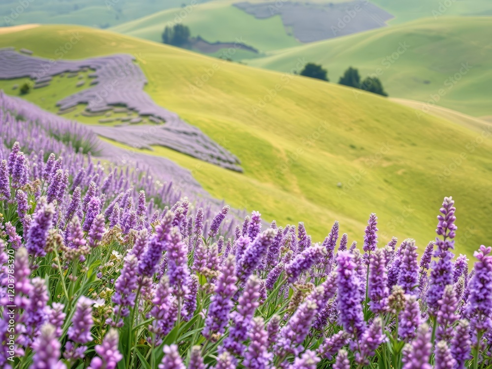 Naklejka premium A profusion of lavender and lilac blooms fills a rolling green hillside with an abundance of color, meadow, purple flowers, rural