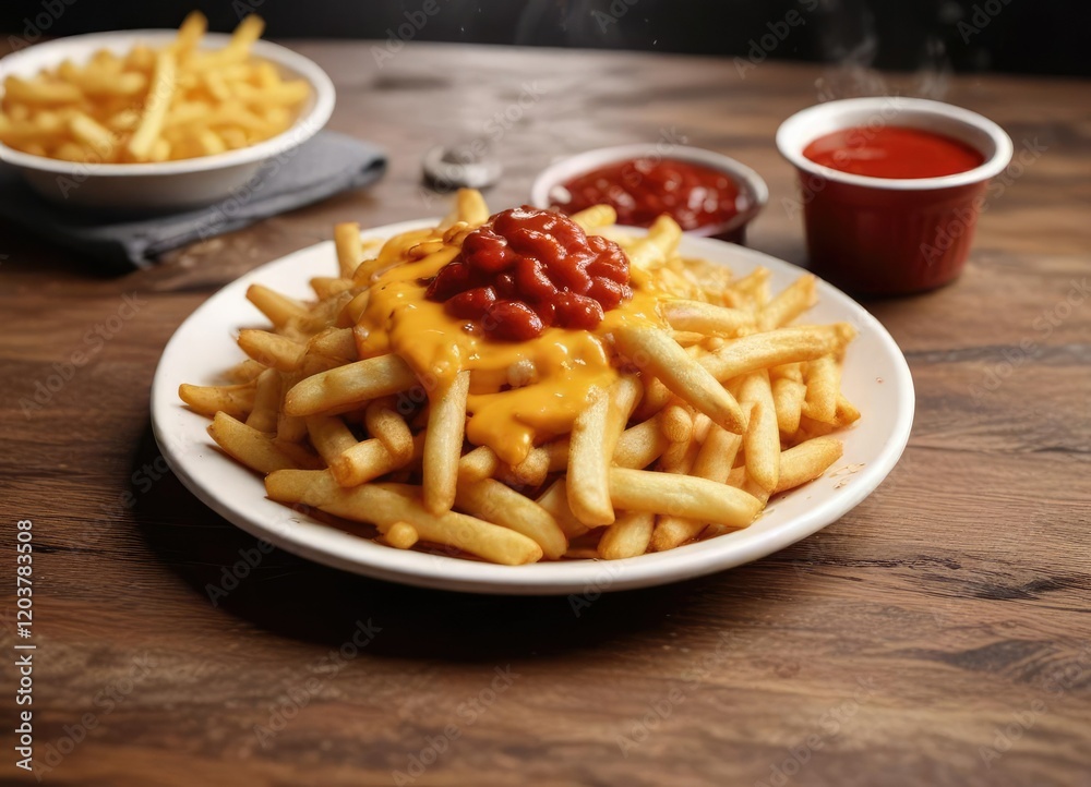 A plate of steaming hot fries with ketchup and cheese sauce , side dish, comfort food, condiments A plate of steaming hot fries with ketchup and cheese sauce , side dish, comfort food, condiments
