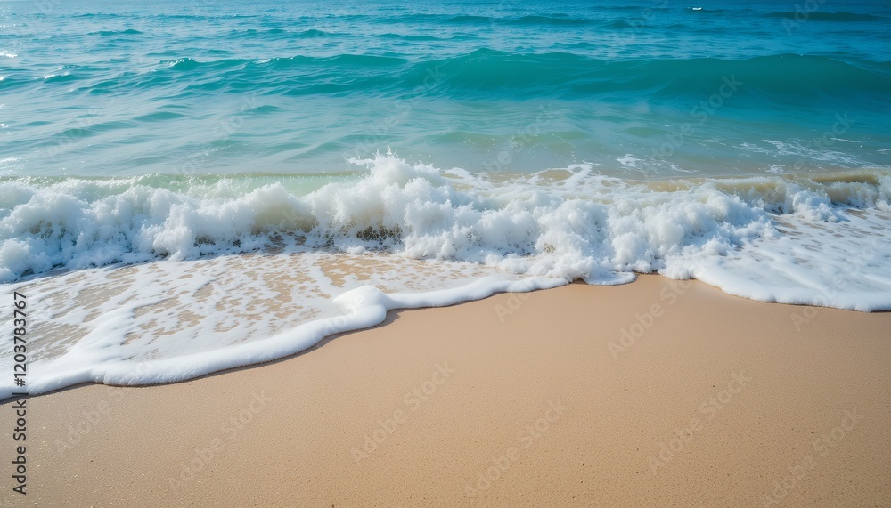 Turquoise waves meet golden sand on a serene tropical beach scene Turquoise waves meet golden sand on a serene tropical beach scene