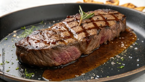 A perfectly cooked steak lies on a dark plate surrounded by a halo of savory juices and aromas with a hint of sizzling heat, savory, juicy, culinary art photo