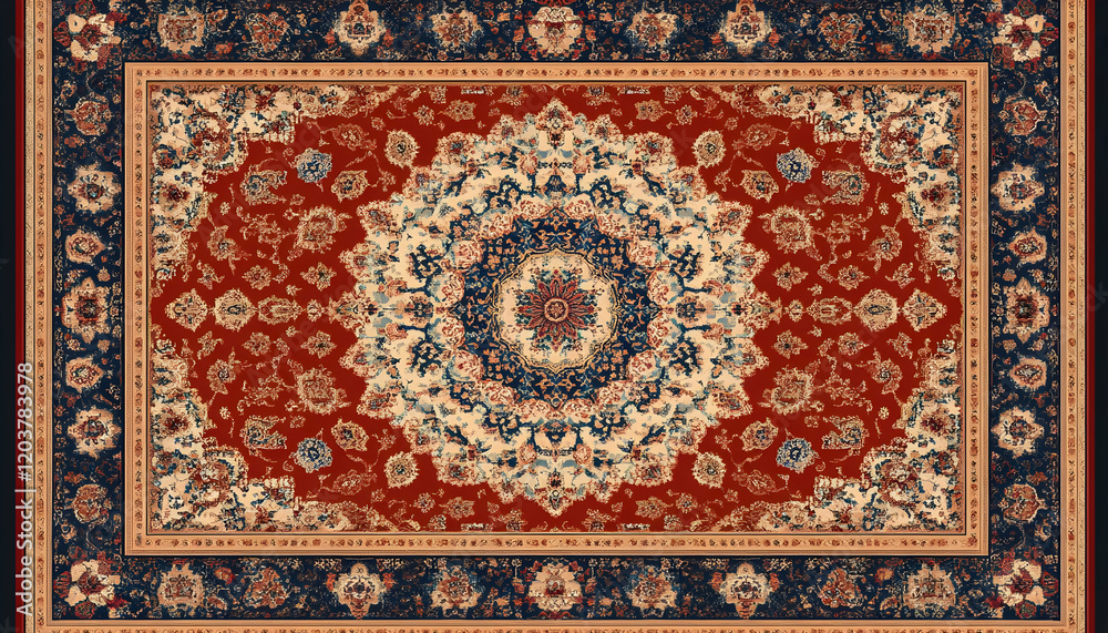 Red Oriental rug, intricate design, textile, floor Red Oriental rug, intricate design, textile, floor