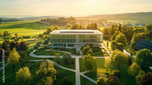 office building with green roof gardens, blending into a lush green environment, with an  green fields and a clear sky,