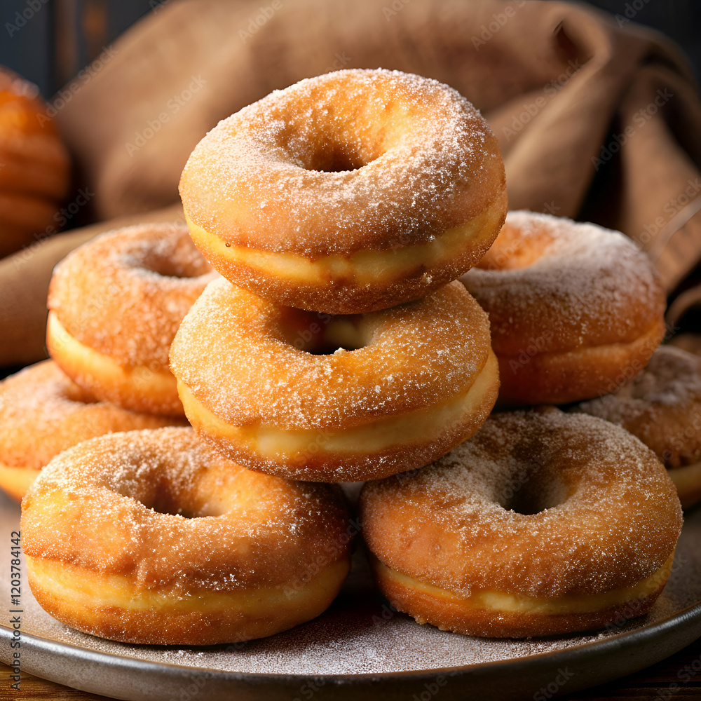 A stack of delicious. freshly baked donuts with powdered sugar. A stack of delicious. freshly baked donuts with powdered sugar.