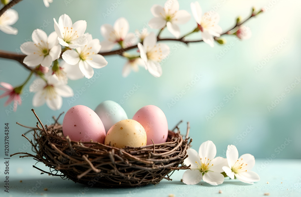 Fototapeta premium Easter eggs in a bird's nest on a branch with pink flowers, a place for text. Selective focus, blurred background. Easter card, banner, template.