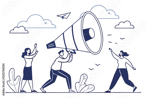 business team, giant megaphone, communication concept, flat illustration, blue and white color scheme, minimalist design, cloud background, diverse group of people, teamwork, marketing strate photo