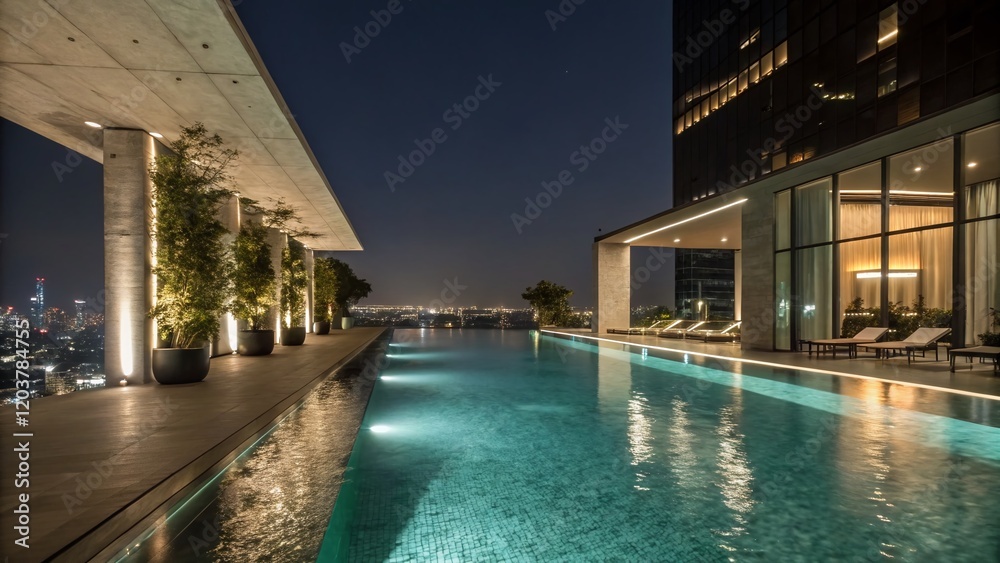 Fototapeta premium Luxurious Modern Hotel Swimming Pool - Night Long Exposure Photography