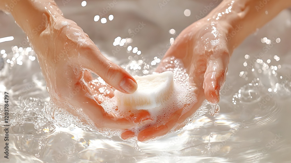 Fototapeta premium Closeup of Hands Being Washed Under Running Water with Soap Foam