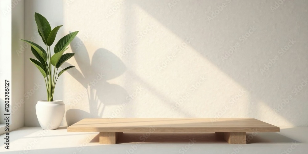 Serene Minimalist Studio Setting with Light-Dappled Wall and Elegant Plant on Wooden Display Serene Minimalist Studio Setting with Light-Dappled Wall and Elegant Plant on Wooden Display