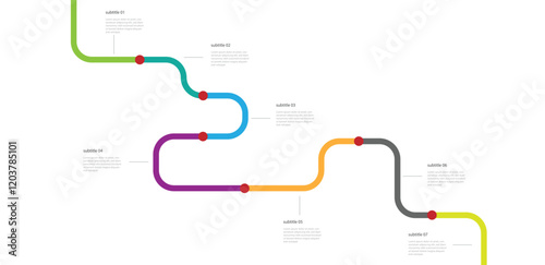 Infographic roadmap design template. Business Timeline of 7 Important Business Events annual business presentation. Vector illustration