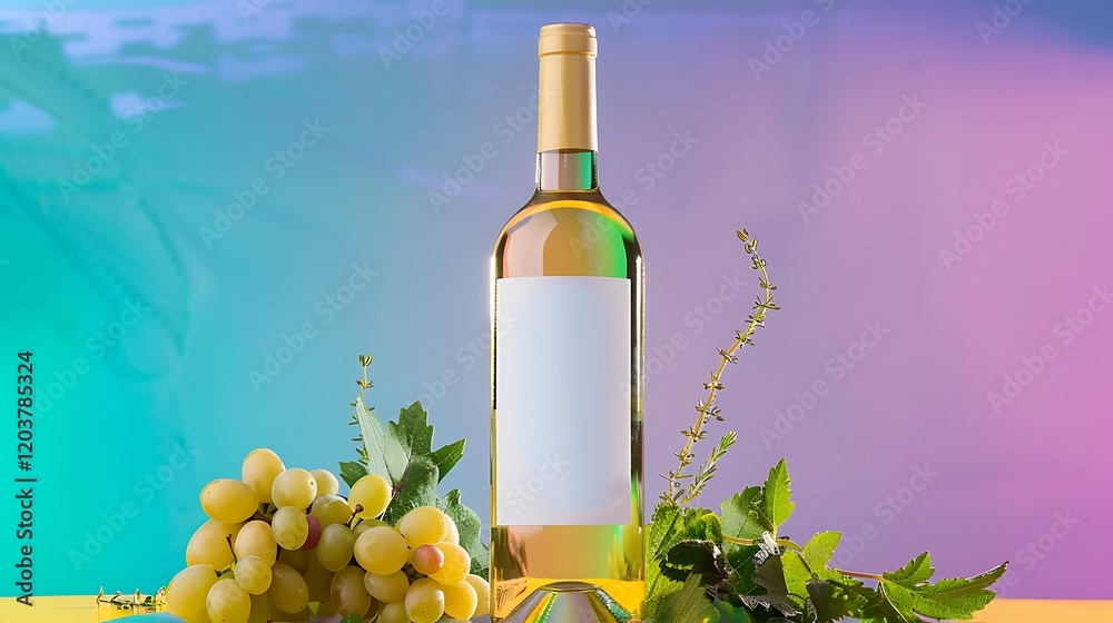 Fototapeta premium Elegant still life of a wine bottle with blank label surrounded by fresh grapes and herbs on colorful backdrop