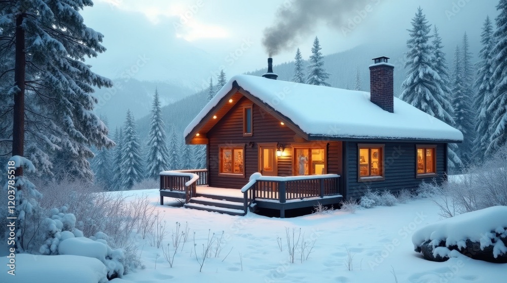 Cozy Snow-Covered Mountain Cabin with Smoke Rising Cozy Snow-Covered Mountain Cabin with Smoke Rising