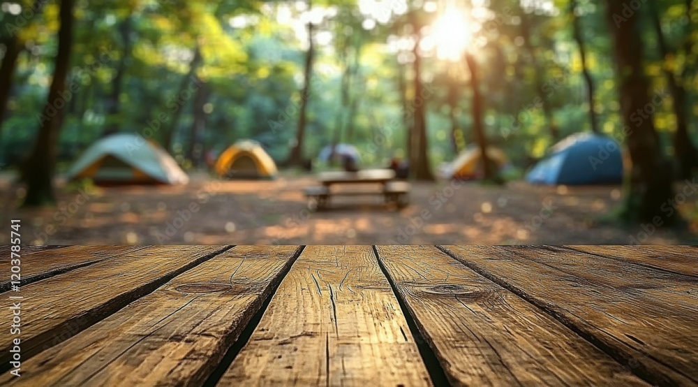 Rustic wooden table in the foreground and blurred forest campsite in the background create a summer outdoor scene for product display or advertising design montage template Rustic wooden table in the foreground and blurred forest campsite in the background create a summer outdoor scene for product display or advertising design montage template