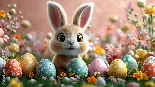 Adorable bunny amidst colorful easter eggs in blooming spring garden