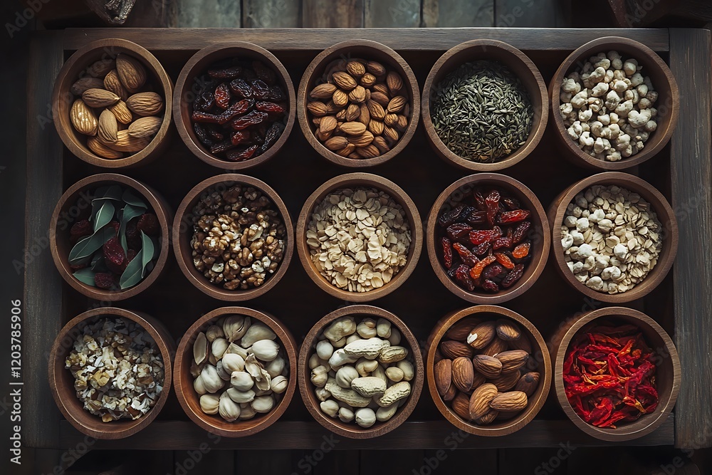 An Overhead Shot of Wooden Bowls Filled with a Variety of Spices. An Overhead Shot of Wooden Bowls Filled with a Variety of Spices.