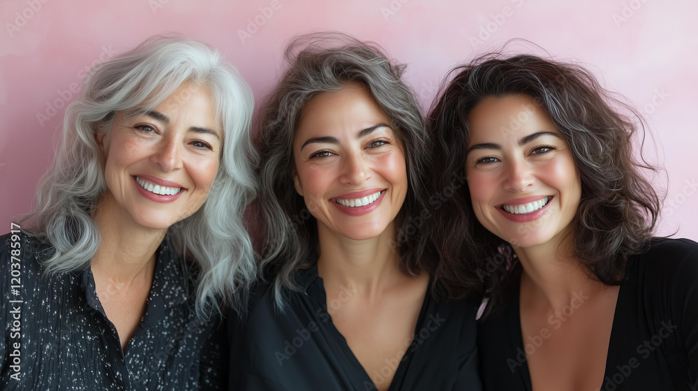 Portrait of a diverse group of three smiling women of different ages, warm and natural expressions, soft peach background, close-up composition, friendly and inclusive theme, promoting unity Portrait of a diverse group of three smiling women of different ages, warm and natural expressions, soft peach background, close-up composition, friendly and inclusive theme, promoting unity