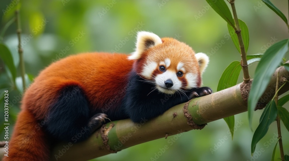 Fototapeta premium Red Panda Resting on Bamboo Branch