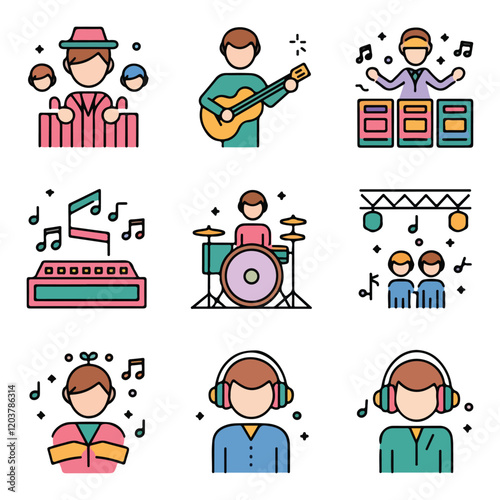 Music, Dance And Singing Thin Line Icons - Editable Stroke - Icons Include Musicians, Guitar Player, Drummer, Disc Jockey, Music Concert, Listening To Music