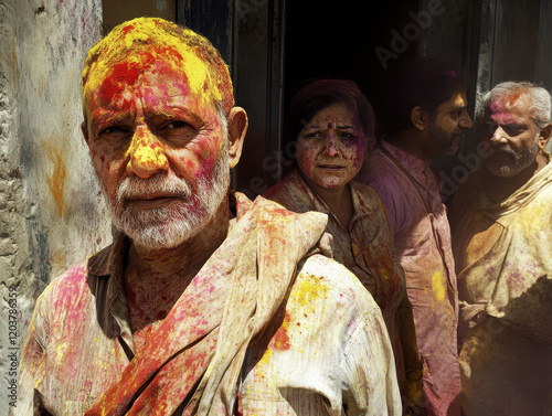 Male celebrant at Holi street festival in India photo