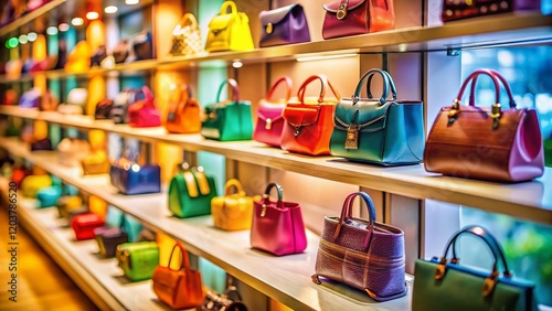 Luxury Handbags Display: Colorful Designer Purses on Boutique Shelf
