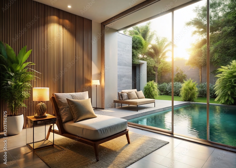 Fototapeta premium Luxury Pool Villa Bedroom: Relaxing Chair & Table by the Water