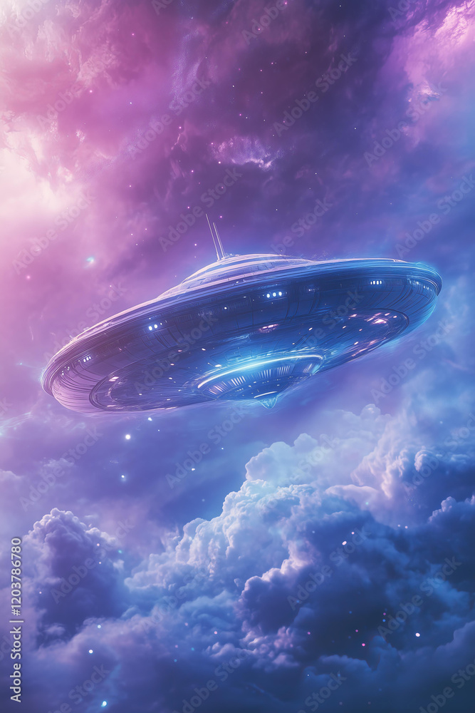 Obraz premium a futuristic UFO flying through a dreamy and ethereal sky, surrounded by vibrant pink and purple clouds, glowing lights emanating from the spacecraft, showcasing a sense of mystery 
