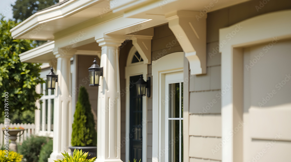 Elegant Home Exterior with Classic Columns and Porch. Luxury Real Estate. Dream House. Modern Architecture Design. Elegant Home Exterior with Classic Columns and Porch. Luxury Real Estate. Dream House. Modern Architecture Design.