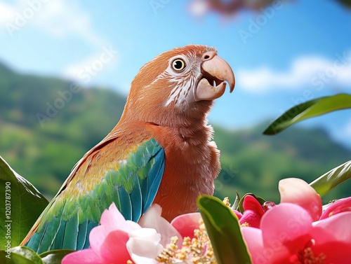 Animal Wildlife Biodiversity and Behavior A lush jungle teeming with life, showcasing colorful birds like this vibrant parrot, chattering monkeys swinging through the trees, and elusive leopards photo