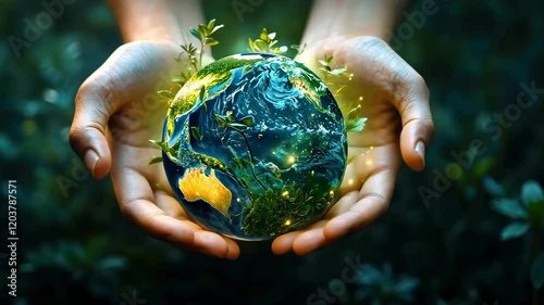 Hands holding a vibrant, green, flourishing earth surrounded by lush nature