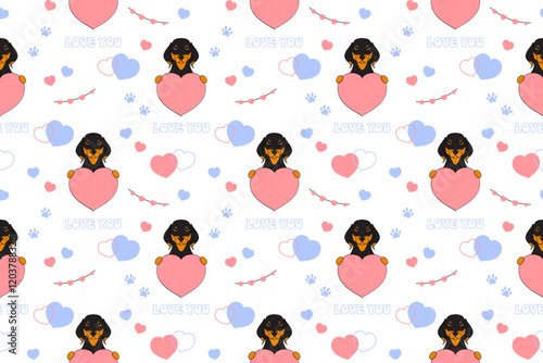 Dachshund dog in love and hearts. Seamless pattern for Valentines day. Festive design for wrapping paper, fabric, wallpaper, cards. Vector illustration