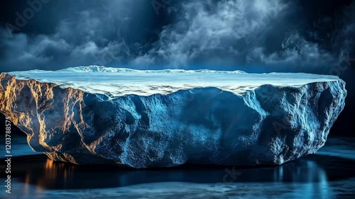 Dramatic floating iceberg in atmospheric lighting surrounded by deep blue misty waters