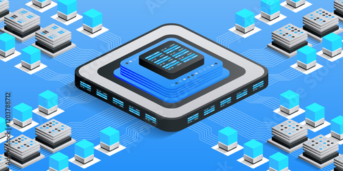 Advanced Data Network. High-performance data center network with interconnected servers and processors, highlighting cloud computing infrastructure and efficient IT operations.