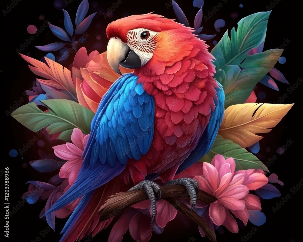 Fototapeta premium A vibrant scarlet macaw parrot, perched majestically in a stylized zoo enclosure, is creatively enveloped by swirling neon pink, blue, and green hues, abstract geometric patterns, and tropical floral