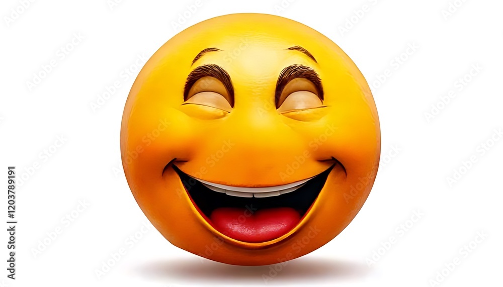 Fototapeta premium A smiling orange emoji with closed eyes is rendered in a realistic style.