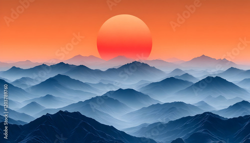 Sunset over hazy blue mountainscape photo