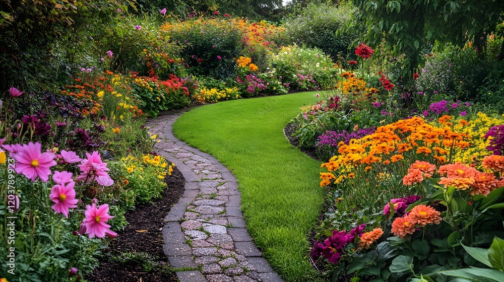 Fototapeta premium Colorful Flower Garden Path Winding Through Blooms