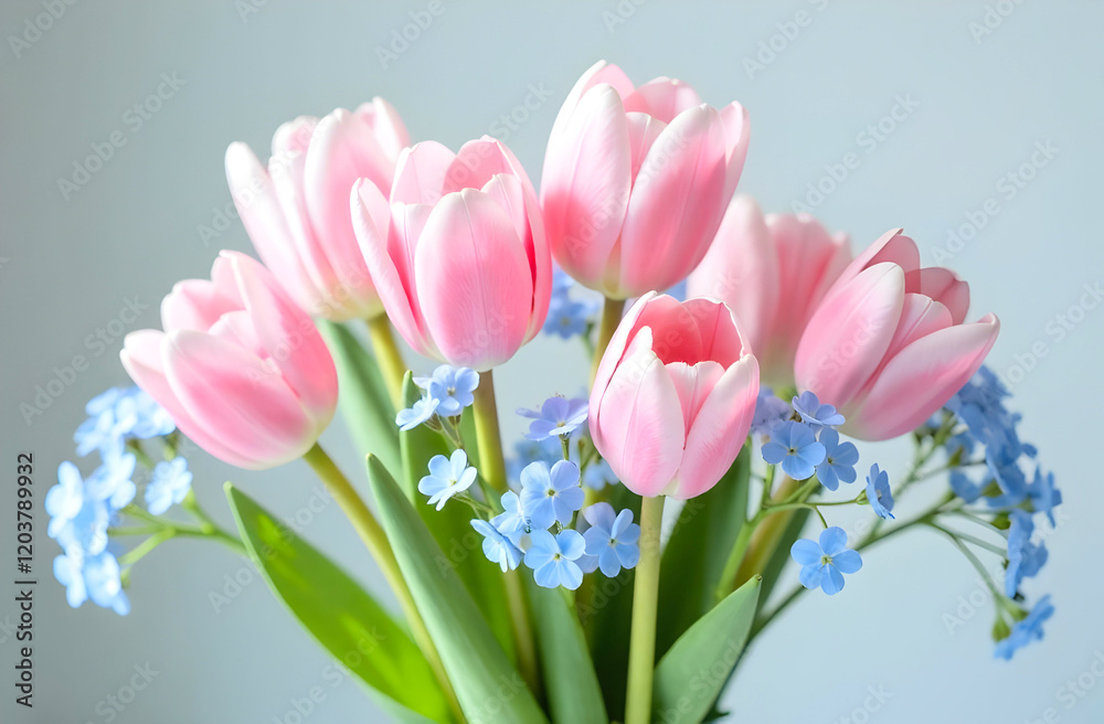 Fototapeta premium Elegant bouquet of soft pink tulips and delicate blue flowers creating a harmonious floral arrangement perfect for romantic occasions and decorative inspiration. Selective focus