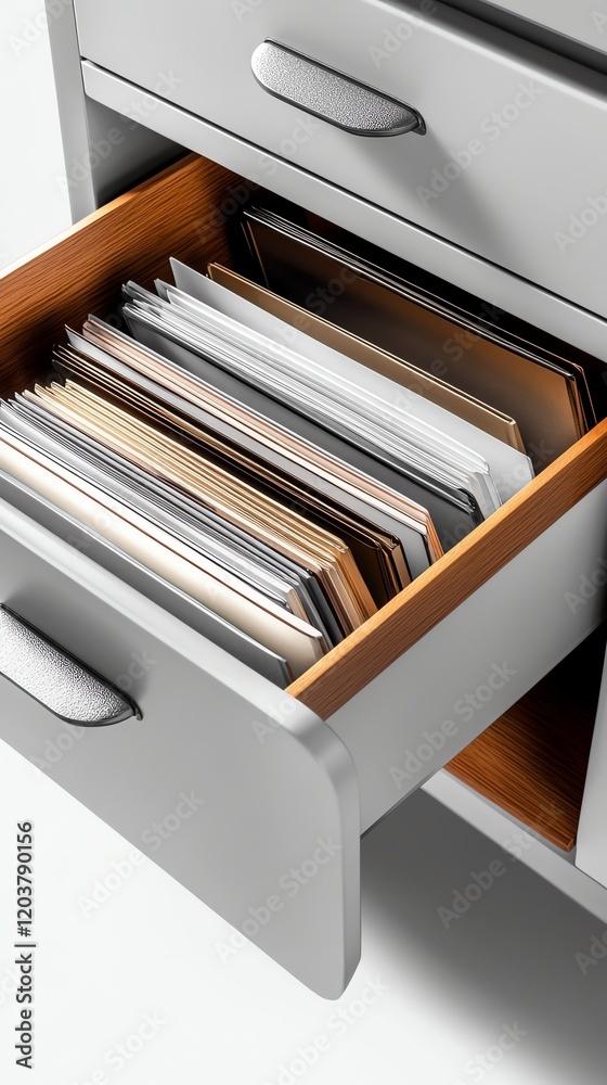 A file cabinet drawer slightly open with visible folders, photorealistic, grey, isolated on white background A file cabinet drawer slightly open with visible folders, photorealistic, grey, isolated on white background