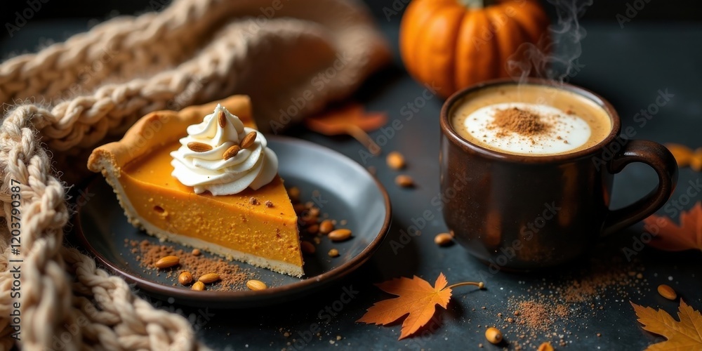A slice of pumpkin pie topped with whipped cream and sprinkled with seeds, served on a plate alongside a warm cup of coffee, accompanied by a cozy knit fabric and autumn leaves. A slice of pumpkin pie topped with whipped cream and sprinkled with seeds, served on a plate alongside a warm cup of coffee, accompanied by a cozy knit fabric and autumn leaves.