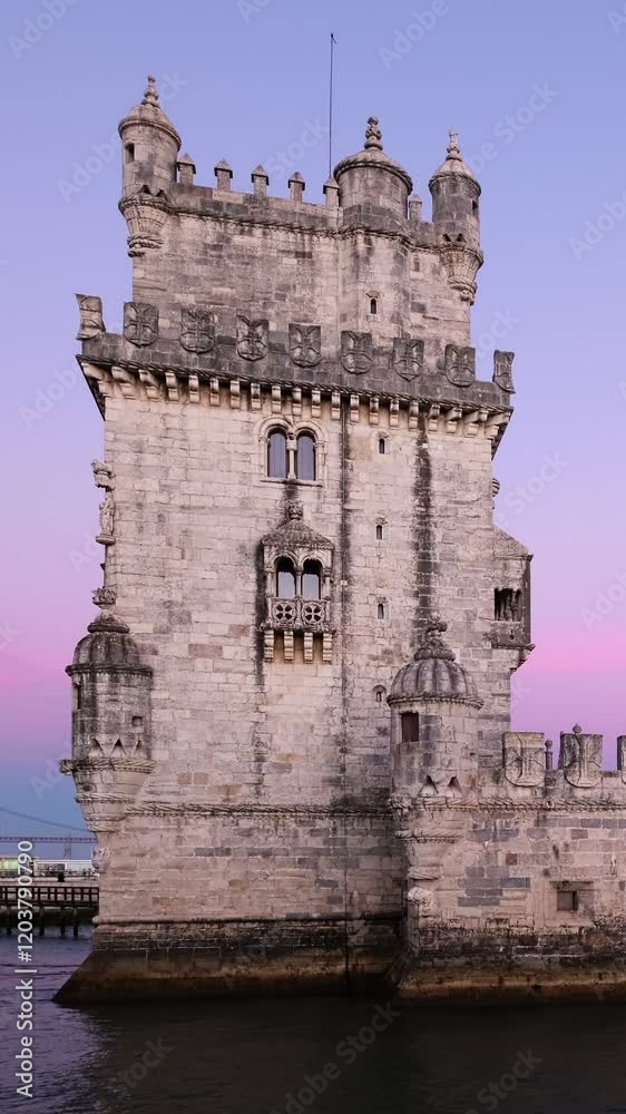 Belem Tower or Tower of St Vincent famous tourist landmark of Lisboa and tourism attraction on bank of Tagus River (Tejo) with tourist boats after sunset in dusk twilight. Lisbon, Portugal
