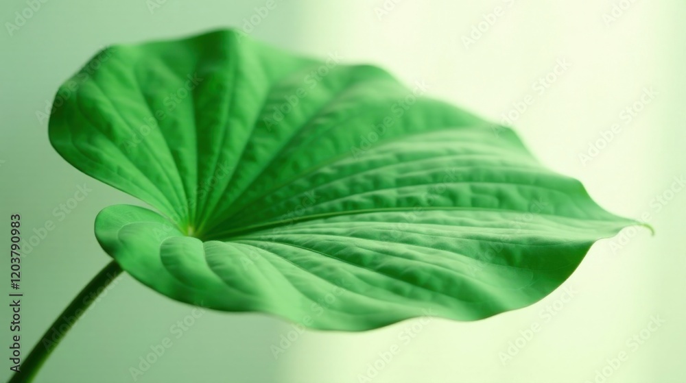 Fototapeta premium A Single Lush Green Leaf, Gracefully Curving, Exhibits Intricate Veining and a Smooth, Vibrant Texture, Against a Soft, Pale Green Background
